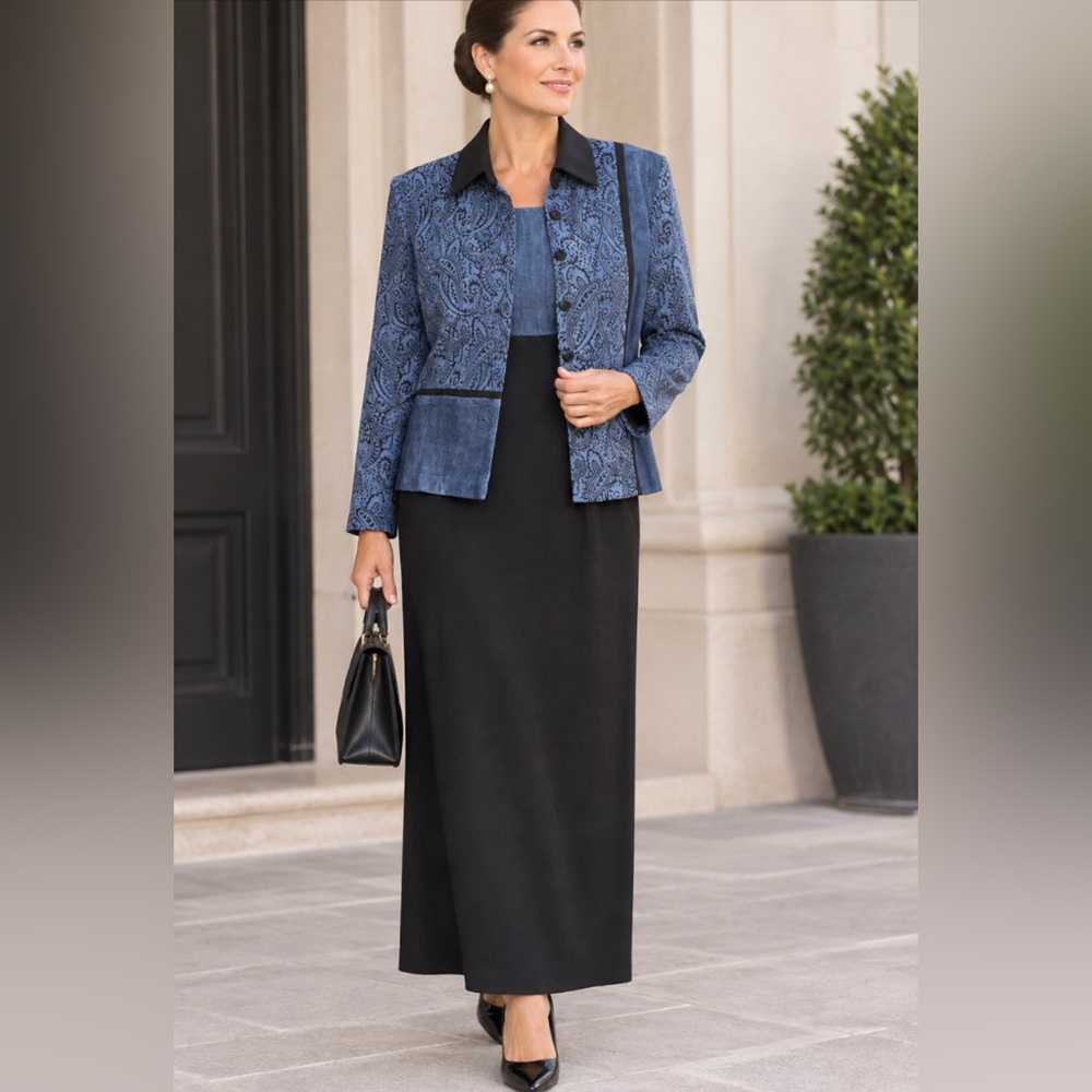 Coldwater Creek Blue Paisley Knit Cardigan with Black Maxi Dress Set 12
